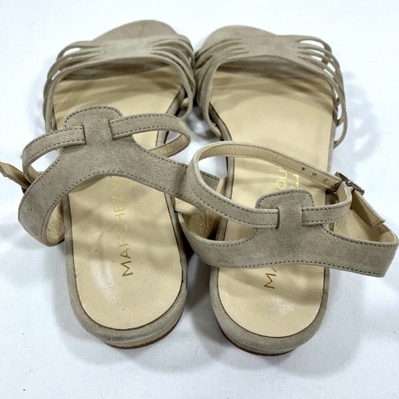 MARCHEZ VOUS Beige Suede Strappy Ankle Strap Flat Sandals Made in Italy Size 9 - Picture 2 of 7
